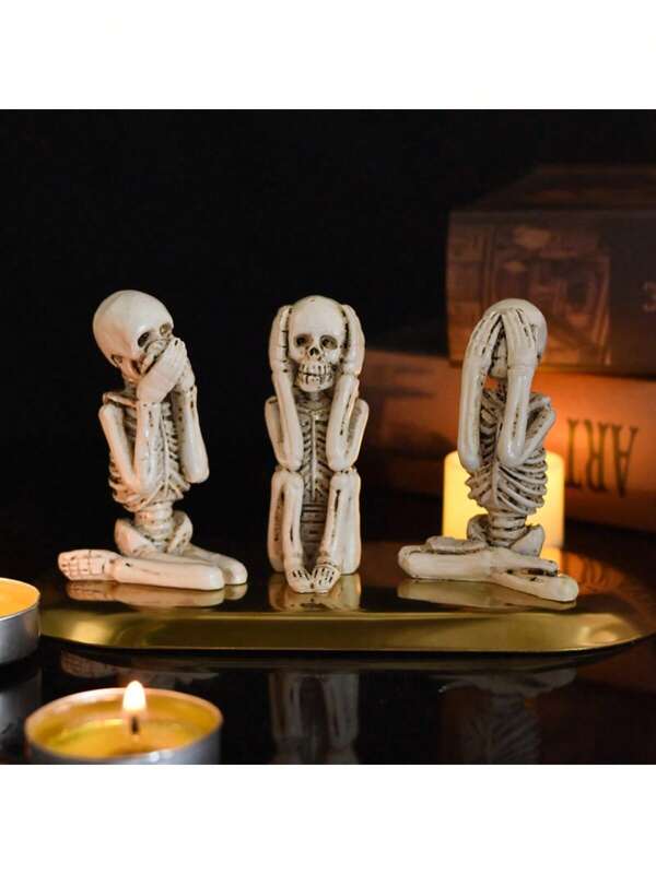 3pcs-1set Halloween Ghost Festival Set Three Don't Look Don't Listen Skull Ornaments Decoration Horror Skull Resin Ghost Festival Skull Three Pieces Set Horror Theme Room Escape Scene Decoration Best Gifts