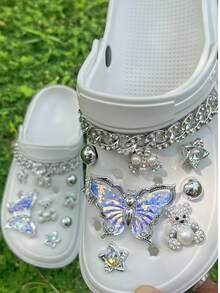 18 件 DIY 洞洞鞋银熊水钻大链，校园风格鞋花装饰可拆卸纽扣，适用于镂空拖鞋、凉鞋，四季皆宜，节日礼物