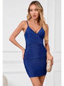 Women's Glitter Party Dresses Sexy V Neck Spaghetti Strap Faux Wrap Ruched Bodycon Sparkly Night Club Mini Dress Halloween Christmas New Year