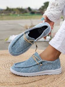 Women's Loafers, Casual Holiday Style, Four Seasons Style, Indoor And Outdoor, Solid Color Pattern, Versatile, Light And Comfortable, Round Toe, Elastic Laces, Easy To Put On And Take Off Flat Shoes - 藍色 - 查看 2