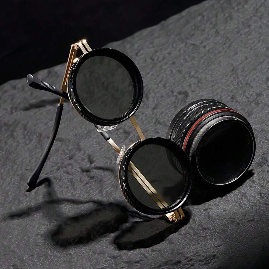 Kính mắt xoay lấy cảm hứng từ phong cách Steampunk - Độ sáng có thể điều chỉnh, Gọng thép không gỉ, Màu đen với tròng kính xám, Hoàn hảo cho Cosplay và Phụ kiện thời trang, Kính thời trang | Kính Steampunk | Gọng thép không gỉ - Khung vàng đen - Xem 1