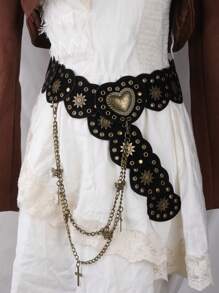 1 件女式复古棕色西式金属心形拼接腰带，Y2K Baddie 复古美学皮革腰带配蝴蝶链情人节情人节夏季、学校秋季、秋季、万圣节