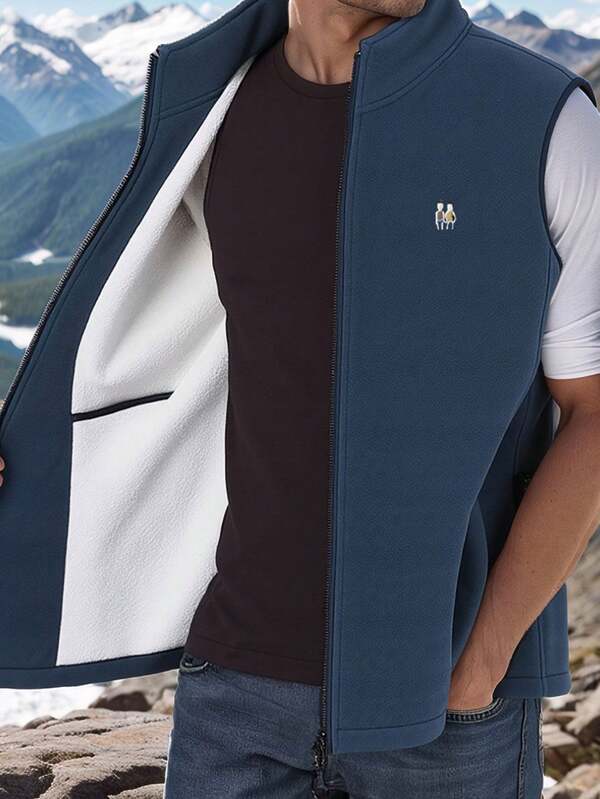 Winter Sleeveless Fleece Jacket, Sherpa Lined Thick Vest Coat For Men, Stand Collar Cardigan Thick Jacket. Suitable For Outdoor Hiking, Trekking. Christmas Gift.