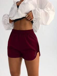 FWH High-Waisted Slimming Workout Shorts With Side Slit, 4-Way Stretch For Flexible Movement, Ideal For Gym And Street Wear - Burgundy - View 3