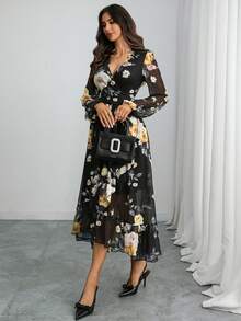 Women's Gothic Romantic Black Floral Chiffon Maxi Dress – V-Neck, Lantern Sleeves, High Waist, Ruffle Hem Elegance