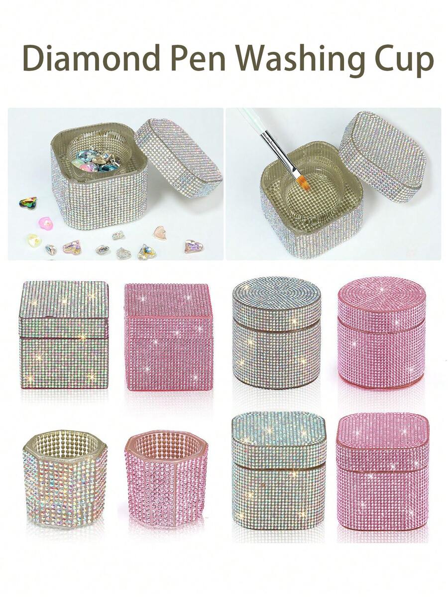 1 件钻石玻璃水晶杯、粉色/AB 指甲水钻、美甲丙烯酸液体粉末美甲杯碗玻璃器皿、美甲刷透明工具、洗甲笔杯美甲用品、美甲工具 - 彩色 - 查看 1