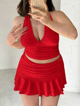 Sexy Crop Top mit tiefem Ausschnitt und mini A-Linien Rock 2-teiliges Set in Große Größen, Sommer