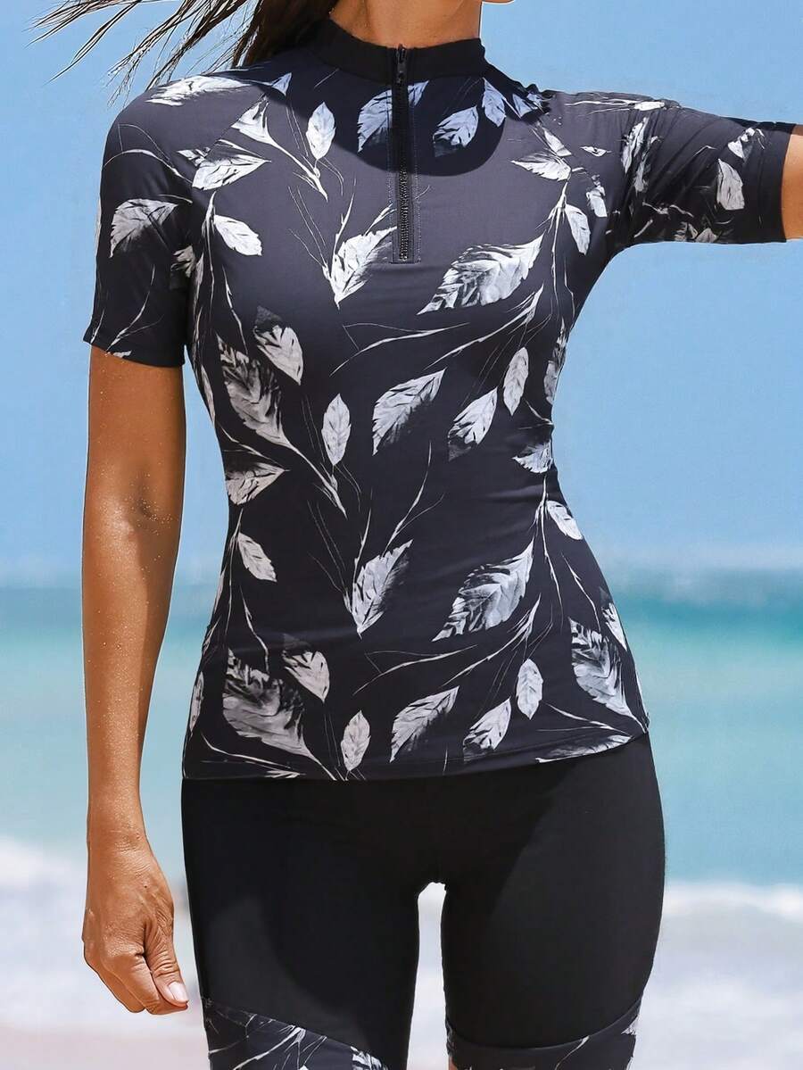 Women's Casual Elegant High Neck Zipper Leaf Print Rash Guard Swimsuit With Shorts For Beach Or Pool Fun - Black - View 1