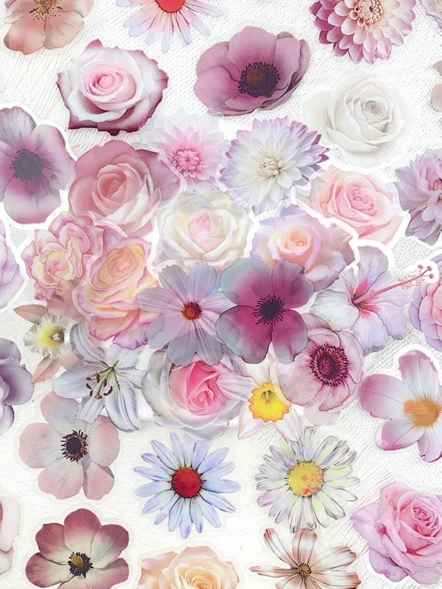 50张粉色花朵透明PET贴纸适用于手机笔记本电脑行李箱笔记本头盔DIY美观防水贴纸学生创意礼物 - 彩色 - 查看 1