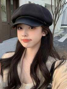 1pc Retro Octagonal Cap, Fabric With Leather Brim, Korean Style, Versatile, Fits Large Head Circumference, Japanese Painter Cap