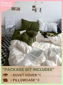 3件套白色和绿色超柔软宿舍床上用品套装，亲肤透气羽绒被套和枕套套装，适用于学生卧室，可水洗返校床上用品