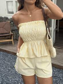 Women's Summer Hawaii Boho Tropical Beach Vacation Outfits 2Pecs-One Shoulder Striped Fungus Edge Summer Minimalist Everyday Bandeau Top And Shorts Set,Suitable For Date, Afternoon Tea, Holiday, Music Festival