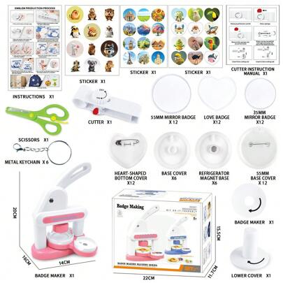 Máquina de botones, Máquina de botones manual 3 en 1, Imán de nevera hecho en casa, Juguete DIY, Rosa/Azul