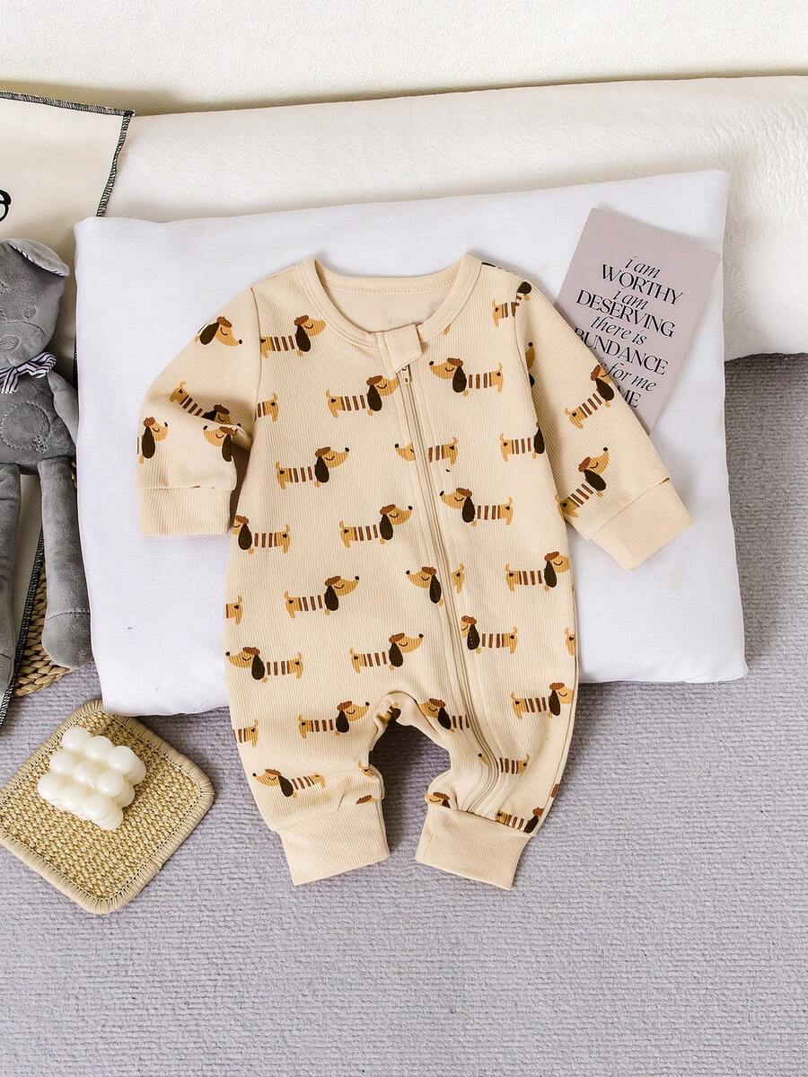 1pc Newborn Baby Boy Cute Dog Print Zipper Front Long Sleeve Jumpsuit, Suitable For 0-9 Months Daily Wear - Apricot - View 1