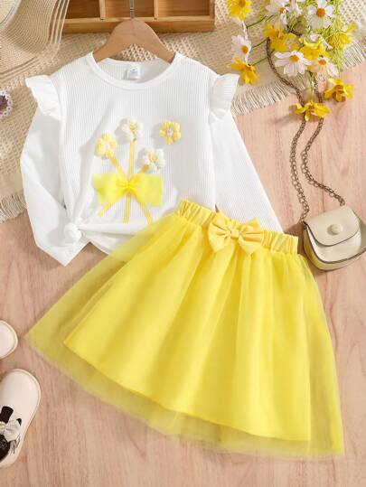 2 pièces Top à manches longues avec volants floraux 3D tricoté + Jupe à nœud en tulle jaune, Ensemble 2 pièces T-shirt décontracté + Jupe pour filles, Convient pour l'extérieur, le quotidien, les sorties, les fêtes, cadeau de vacances, Tailles 4-8 ans