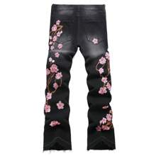 2025 New Men Bootcut Jeans Streetwear Heavy Embroidery Plum Design Stretch Free Denim Pants For Men - 黑色 - 查看 3