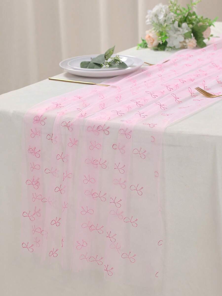 1pc Pink Bow Table Runner, Dining Table Center Decor Tablecloth, Birthday Party Decor Tablecloth, Birthday Decor, Girls Birthday Decor, Home Decor, Wedding Decor, Bridal Shower Decor Tablecloth, Party Decor, Bow Decor, 2026 New Year