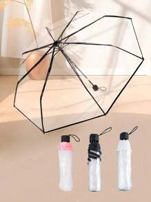1pc Transparent Folding Umbrella, Self-Open/Close, Plastic, Cute, Thick, Suitable For Students Summer Cooling,Beach,Travel