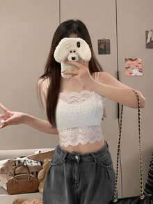女士可爱性感蕾丝吊带背心，带可拆卸胸垫，纯色打底衫，适合夏季、开学季、冬季、圣诞节、春季节日叠穿