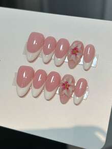 10片手工美甲贴片，全覆盖法式方型中长款，3D手绘花卉图案，亮面，粉白配色，优雅可爱的杏仁形高端简约度假风立体雕刻美甲贴片，可爱火辣少女美甲，适合女性日常及派对佩戴，全覆盖假指甲，按压式美甲贴片，长款美甲用品，手工按压式美甲贴片 - 彩色 - 查看 5