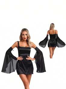 1对优雅女士可拆卸长袖雪纺臂套，适合欧美跨境新娘的单层袖，薄雪纺系带弹力透气走秀可拆卸喇叭袖蝙蝠袖，适合日常婚礼穿着，时尚装饰配饰