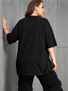 Camiseta casual de manga corta para mujer con estampado de cactus y lunas - Negro - Ver 2