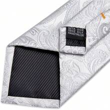 Conjunto de corbata de seda con estampado floral, incluye pinza de corbata, pañuelo y gemelos - Paisley gris plateado - Ver 4