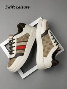 Men's Fashion Striped Floral Letter Patchwork Lace-Up Flat Sneakers, Outdoor Casual Athletic Shoes For Youths
