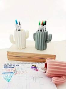 قطعة واحدة من صندوق منظم المكتب بشكل نبات الصبار - حامل أقلام وأقلام رصاص من راتنج ABS، بلون أزرق فاتح أو وردي، وعاء قرطاسية مكتبية أنيق، مثالي لمستلزمات الفن، حامل أقلام مكتب جميل