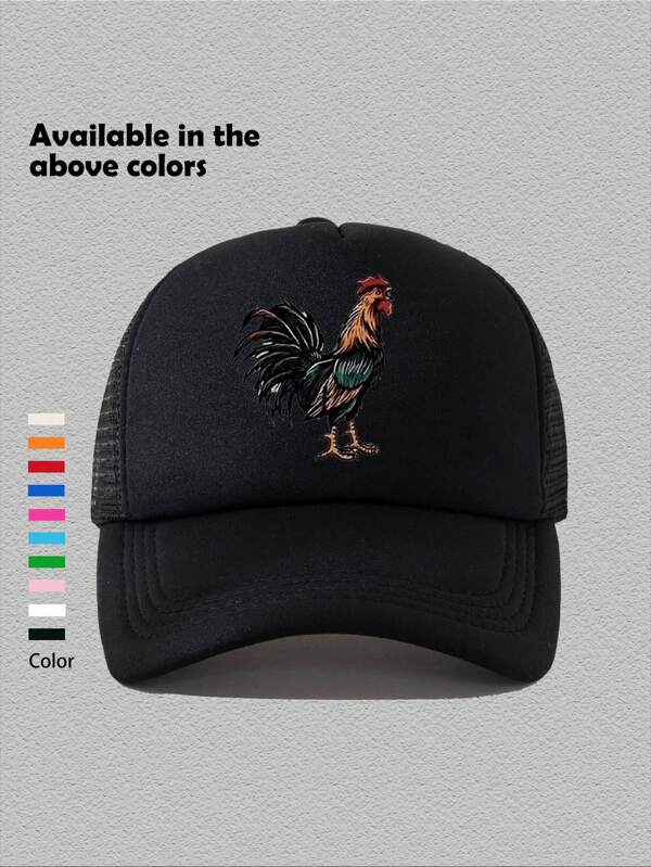 1pc Women's Outdoor Printed Rooster Baseball Mesh Cap, Adjustable Sun Protection Casual Hat Suitable For Spring/Autumn Travel Beach, Unisex Y2K Style Sun Hat