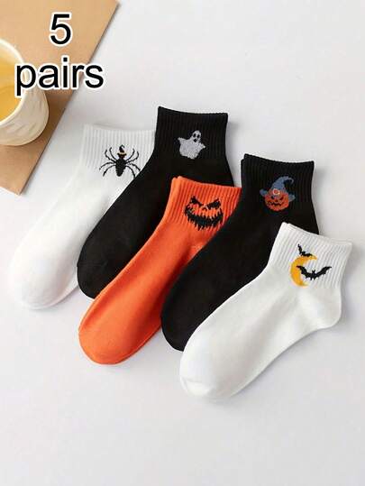 5 Pairs Unisex Funny Pumpkin/Spider Element Fashion Socks, Suitable For Halloween Events In Europe And America