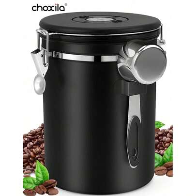 choxila 1 hộp đựng cà phê 1,2L/1,5L/1,8L, hộp đựng hạt cà phê kín khí, hộp đựng thực phẩm nhà bếp bằng thép không gỉ có chức năng theo dõi ngày và muỗng, phụ kiện pha cà phê cho cà phê xay, hạt cà phê, trà, đường, bột mì, ngũ cốc