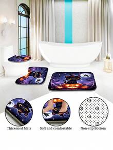 1pc/4pcs Halloween Pumpkin Lantern, Witch, Cat, Bat Pattern Polyester Waterproof Bathroom Shower Curtain With 12 Hooks, Bathroom Mat, U-Shaped Mat, Round Toilet Lid Cover, Bathroom Set For All Occasions Bathroom Decor - Multicolor - View 9