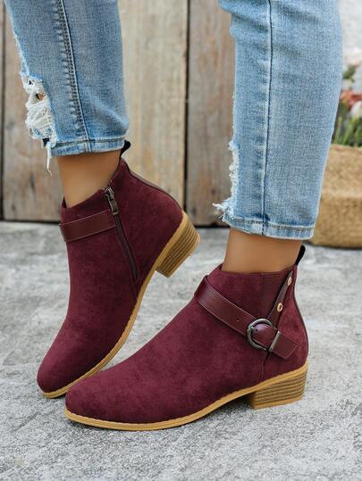 Women's Retro British Style Solid Color Ankle Boots With Metal Buckle Decor And Side Zipper Design, Suede Material, 2025 Autumn New Arrival, Suitable For Daily Commute, Shopping Or Dating In Spring And Autumn