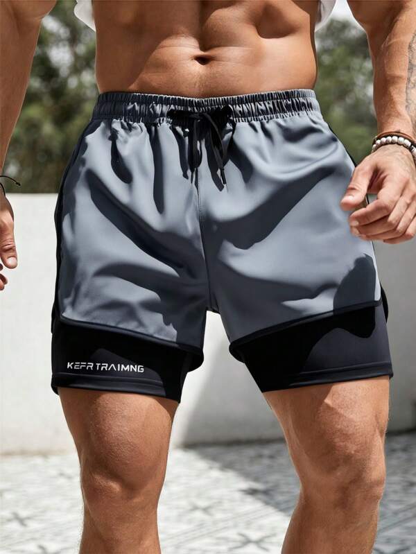 Pantalones cortos deportivos para hombres con doble capa y cordón en la cintura, para uso al aire libre y para correr