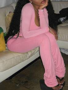 WOWDARK Women's Spring 2-Piece Set, Square Neck Fitted Crop Top And Casual Long Pants, Suitable For Valentine's Day, Dates, Travel, Vacation - Pink - View 9