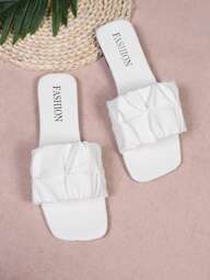 Women's New Summer Outdoor Wear Fashion Versatile Non-Slip Flat Comfortable Sandals, Square Toe Plus Size Beach Casual Slippers, Simple Slip-On Sandals, Wide Width White Shoes