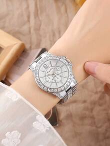 1pc Versatile Rhinestone Women's Watch, Fashionable Quartz Ladies Watch With 5pcs Simple Wheat Chain Bracelet Set - Black - View 6
