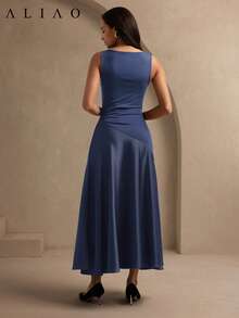 ALIAO Spring/Summer Washed Blue Patchwork A-Line Sleeveless Dress Old Money Palace Style For Dating, Vacation And Daily Wear - Dark Wash - View 8