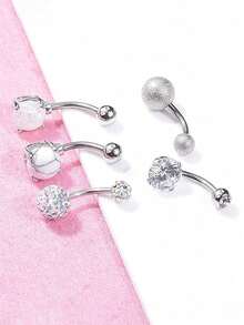 4pcs Rhinestone Rhinestone Curved Barbell Navel Piercing Rings, Stainless Steel Simple Design Belly Button Rings For Women - Golden Crossbar - View 11