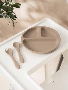 PopLittleOne 3 件装婴儿食物储存硅胶碗宝宝防水叉勺吸盘硅胶餐盘纯色婴儿餐具