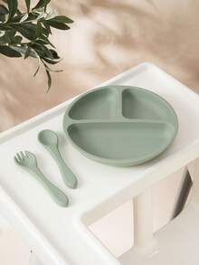 PopLittleOne 3 件装婴儿食物储存硅胶碗宝宝防水叉勺吸盘硅胶餐盘纯色婴儿餐具