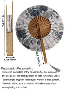 1 件个性化手持折扇，专为女性设计的精美折扇，带流苏的圆形折叠手扇，经典中国手工便携式贝壳扇形冷却风扇，扇面上随机分布的花朵图案，时尚配饰、夏季配饰、艺术配饰，适用于母亲节、圣诞节、舞蹈练习、朋友礼物、毕业典礼礼物、奖品等。