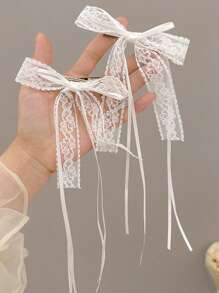 2 Pieces Of Super Fairy Lace Streamer Bow Pearl Hairpin, Korean Princess Head High-End Hairpin, Ballet Style Clip Hair Ornament