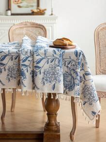 1 件蓝色花卉流苏桌布，复古风格，带流苏，涤纶纤维材质，可水洗，适用于床头柜、餐桌、咖啡桌、沙发套、农舍家居、家庭用餐、厨房、晚餐、派对、感恩节、秋季装饰、四季装饰 - 藍色 - 查看 17