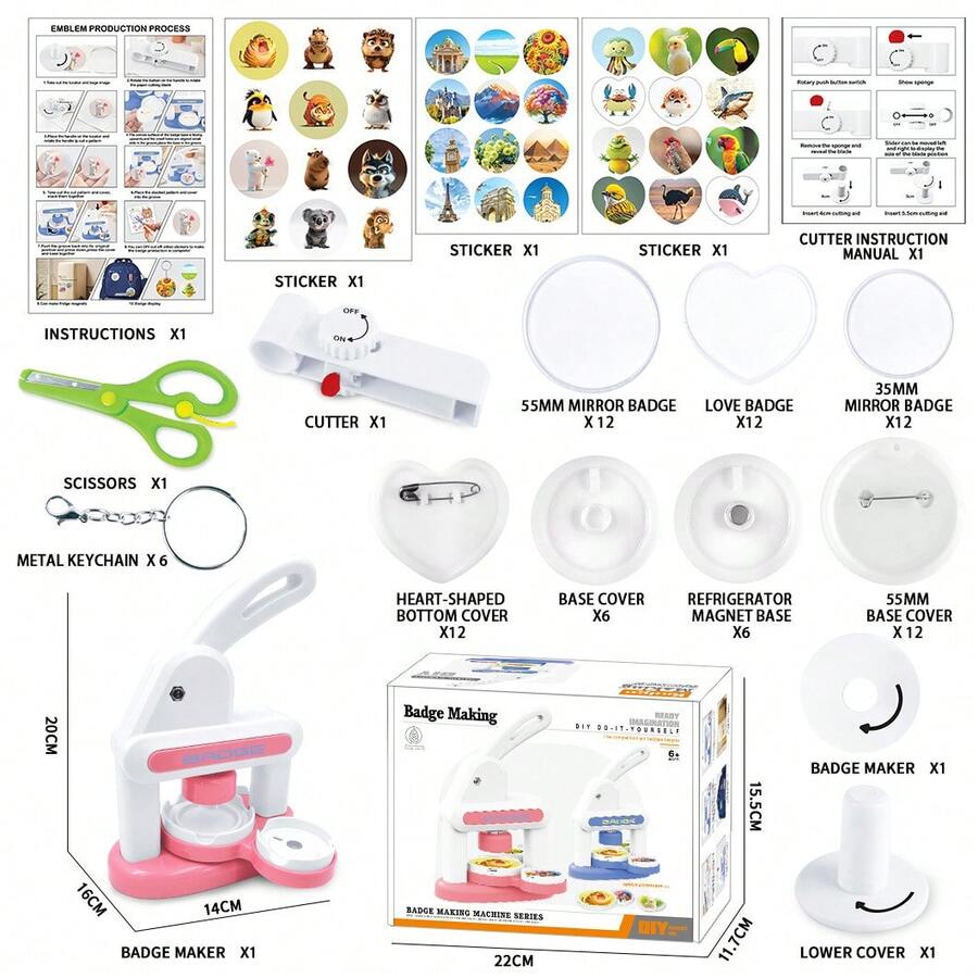 Button Machine, Manual Button Machine 3 In 1, Homemade Fridge Magnet, DIY Toy, Pink/Blue