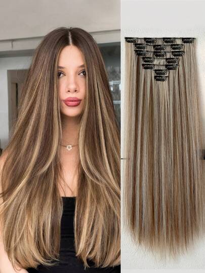 Set de 7 extensiones de cabello sintético negro de 22 pulgadas de largo con 16 clips para mujer, extensiones de cabello completas