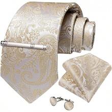 Silk Floral Necktie Set With Tie Clip, Handkerchief & Cufflinks - Champagne Paisley - View 5