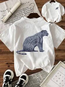 TaskSense Women's Casual Leopard Print Round Neck Short Sleeve T-Shirt, Summer - White - View 1