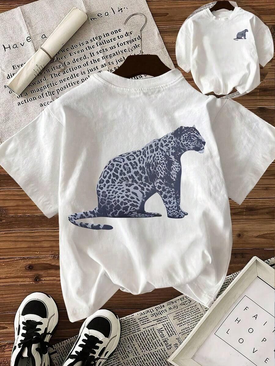 TaskSense Women's Casual Leopard Print Round Neck Short Sleeve T-Shirt, Summer - White - View 1